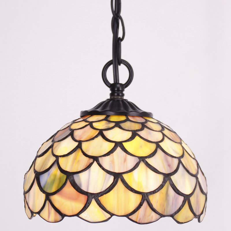 Small Tiffany Pendant Light Plug in Yellow Fish Scale Style Stained Glass Hanging Lamp