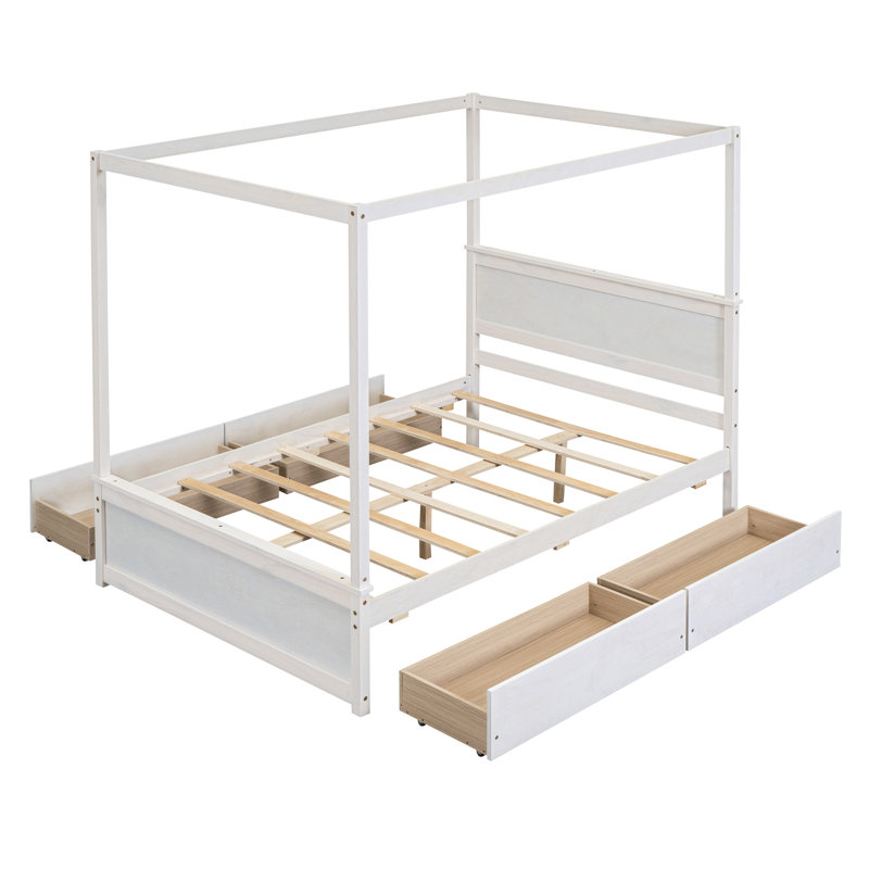 Lit à baldaquin en bois avec quatre tiroirs, lit plateforme à baldaquin pleine grandeur avec lattes de soutien. Aucun sommier tapissier requis, blanc brossé