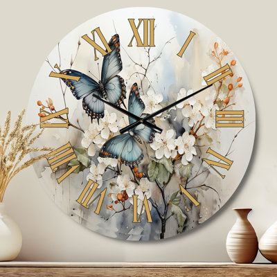 Blue White Butterfly Glimpse Of Serendipity - Animals Golden Face Wall Clock