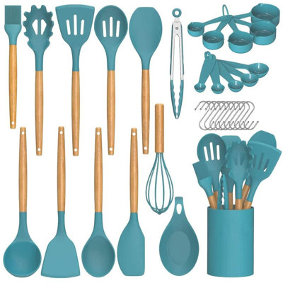 Ensemble de 23 ustensiles de cuisine en silicone, antiadhésifs, avec manche en bois, résistants à la chaleur, bleus.