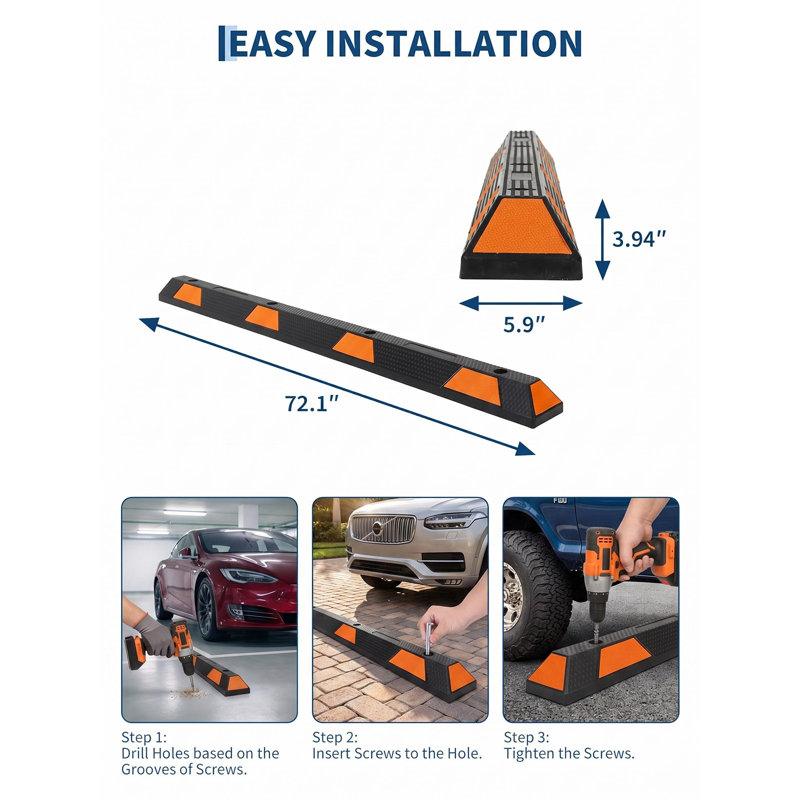Lot de 2 bordures de stationnement 72″ – Butée en caoutchouc réfléchissant robuste avec trous