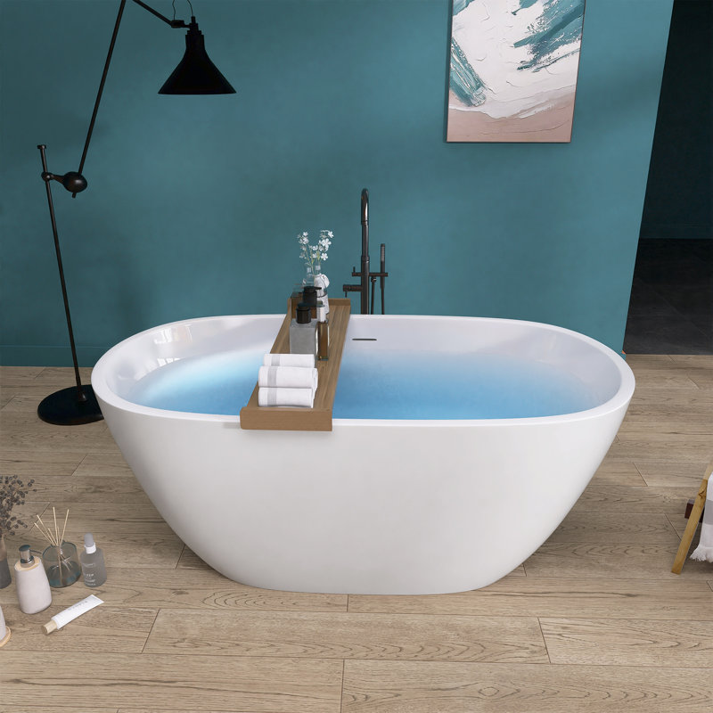 55" Freestanding Soaking Acrylic Bathtub Contemporary Free Standing Bath Tub Modern Stand Alone Tub, Matte White