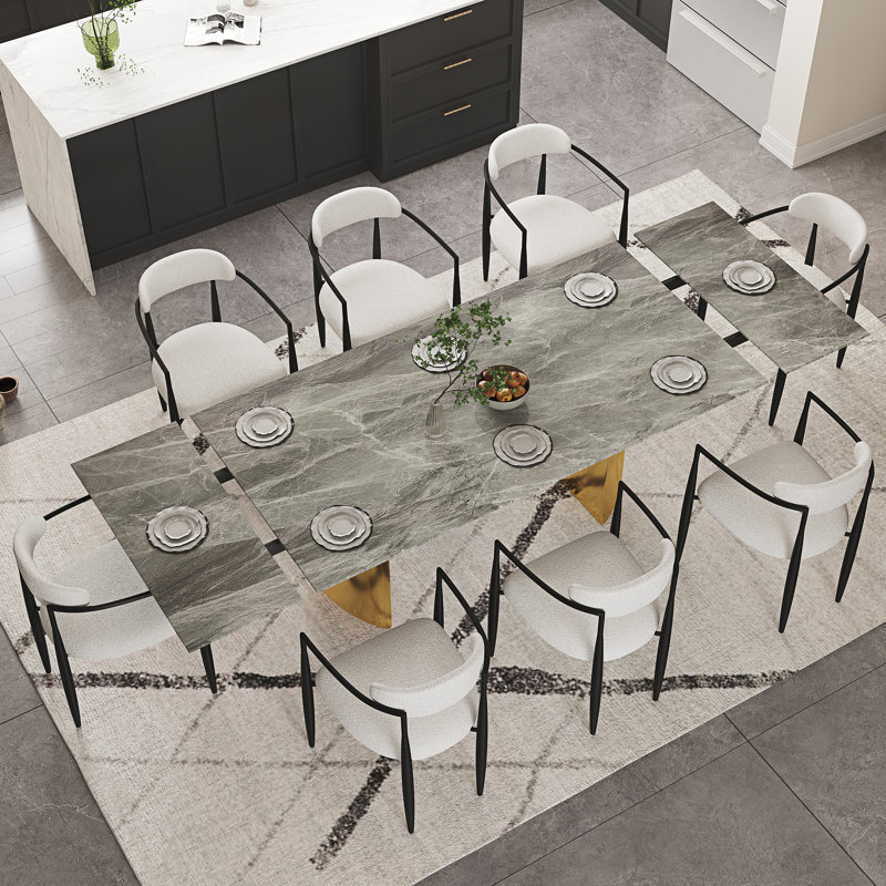 9 - Piece Dining Table Set With 94.5'' Extendable Sintered Stone Dining Table With 8 Fabric Chairs Dining, Italian Gray, Gold