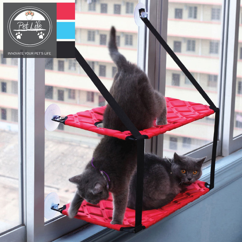 Pet Life 'Cat Laze' Suction Cupped Dual-Leveled Kitty Cat Lounger, Red