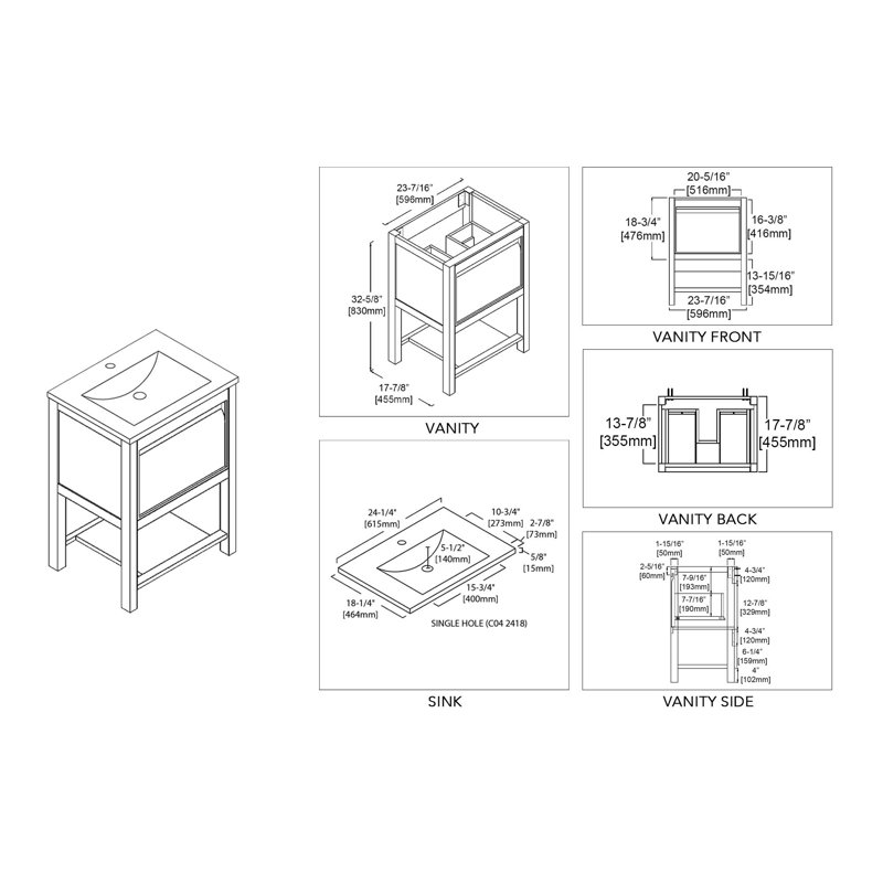 24'' Single Bathroom Vanity with Sink, Matte Grey