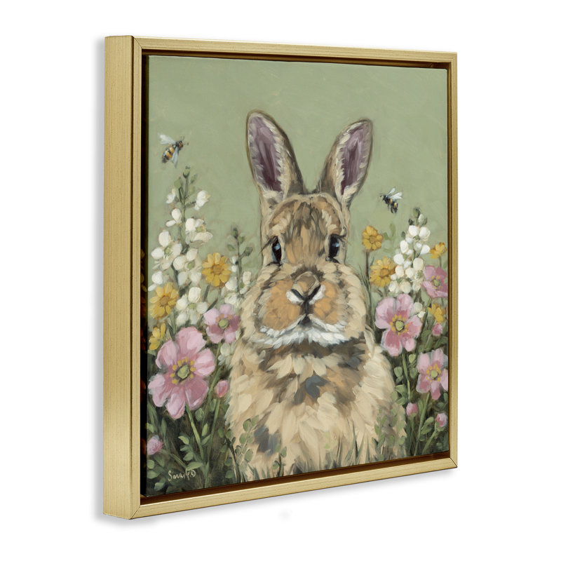 Cadre flottant Spring Abloom Rabbit, design par Sara G. Designs, Cadre flottant métallique doré, H 18 po x l 18 po