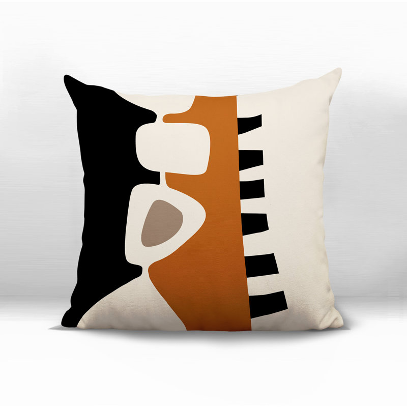 Oreiller carré réversible intérieur / extérieur Kanai, H 19 po x l 19 po, Orange brûlé / noir / blanc cassé abstrait