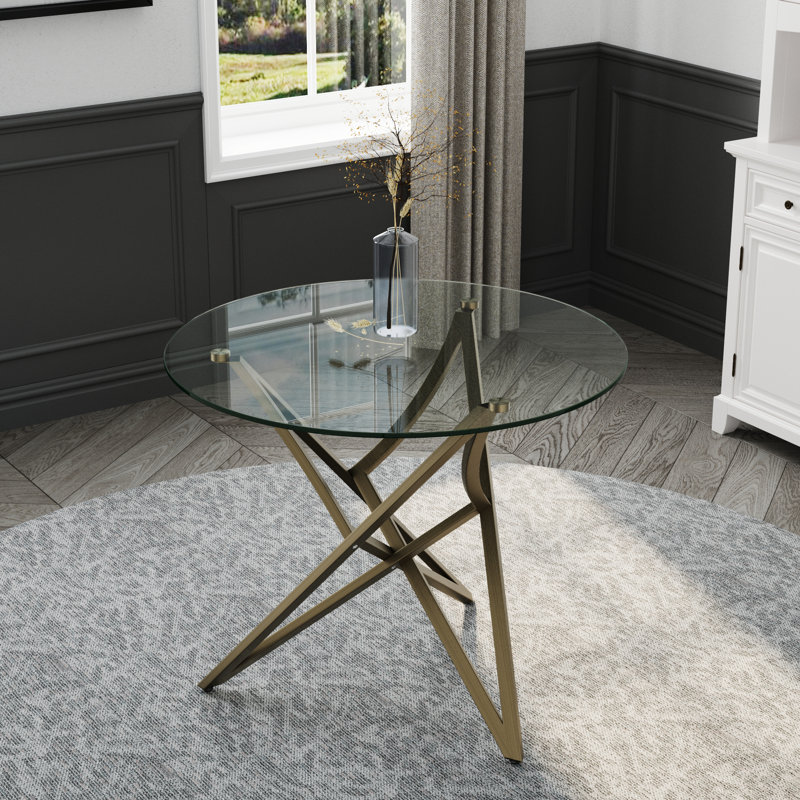 36 Inch Clear Tempered Glass Round Dining Table With Polished Metal Base, Tan