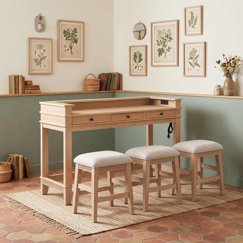 Ensemble de table et de chaises de salle à manger en bois avec 3 tiroirs, Naturel
