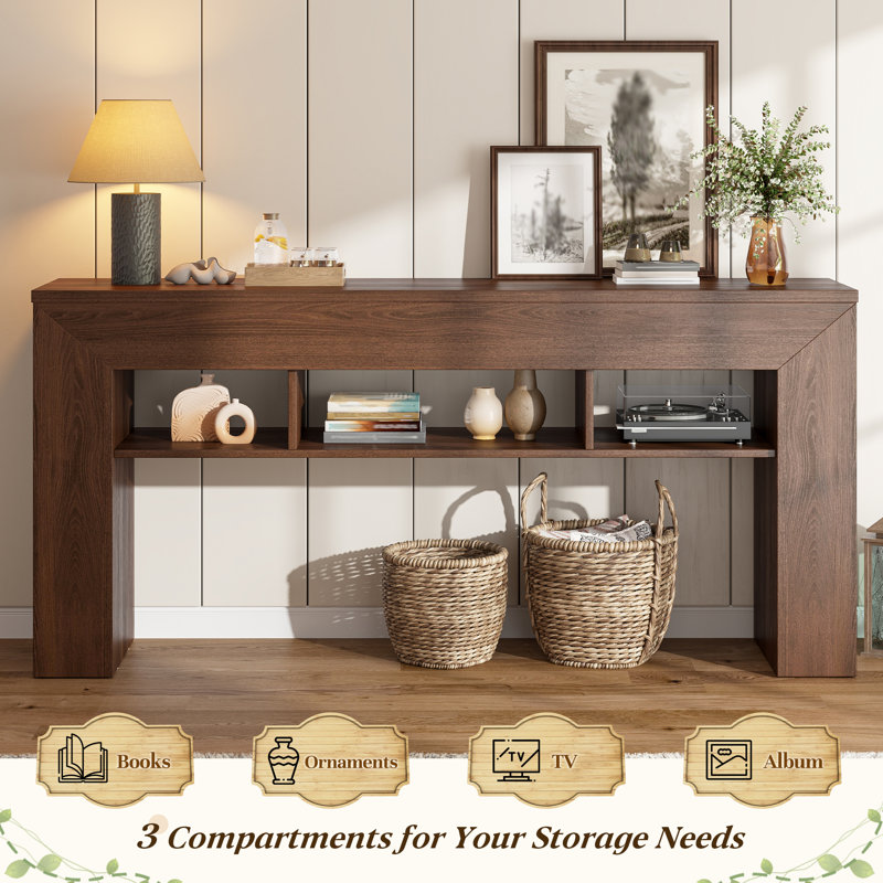 Slim Console Table with Open Storage Shelves in Light Brown & Dark Brown, Dark Brown