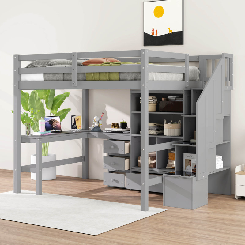 Lit mezzanine double avec bureau en L, tiroirs et armoire, lit mezzanine multifonctionnel pour enfants, adolescents et adultes, sans sommier tapissier requis