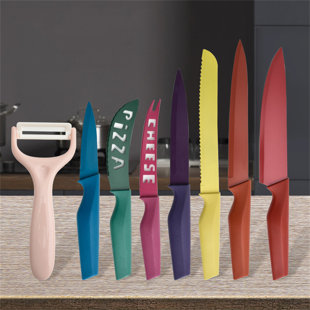 EatNeat 12 Piece Kitchen Knife Set - 5 Multi Color Stainless Steel Knives  with Safety Sheaths, a Cutting Board, and a Sharpener | Knives Set |  Kitchen
