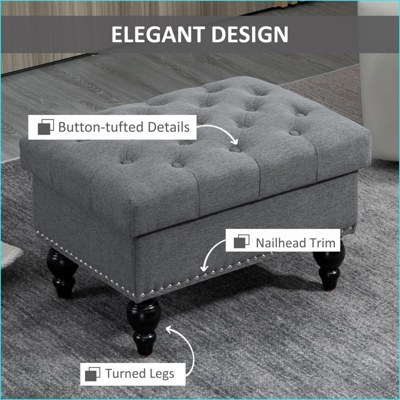 Ottoman with Storage, 25” Classic Tufted Slate Gray Living Room Footrest Seat | Wood | Black