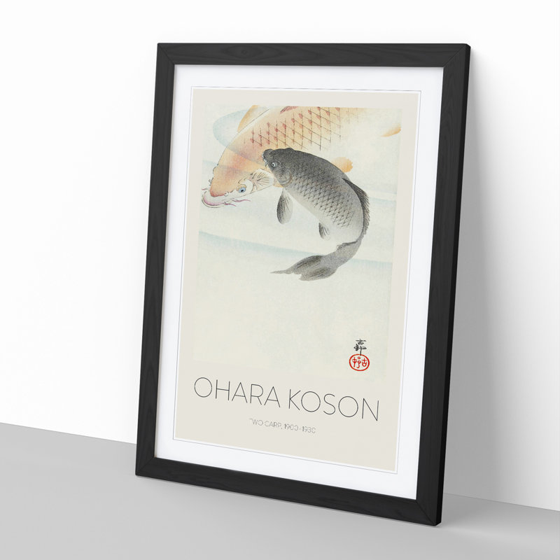 Two Carp Fish by Ohara Koson - Picture Frame Painting, 65cm H x 48cm W x 2cm D, Black Framed