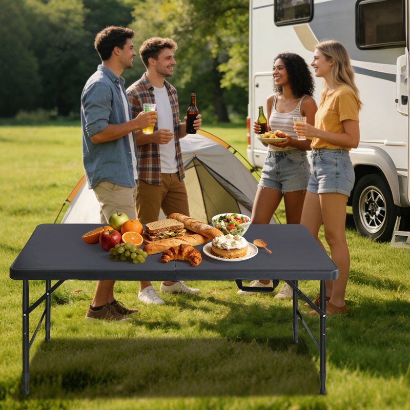 Table pliante d'extérieur noire de 120 cm (4 pieds) pour pique-nique et fêtes, lot de 2, 119 cm (46,9 pouces) de long, 59 cm (23,2 pouces) de large, hauteur réglable, verrouillage par gravité, poignée de transport, pieds en mousse, convient à de multiples activités à l'intérieur.