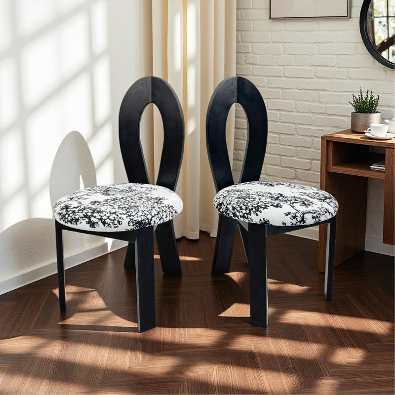 Dining Chairs Set Of 2, Key-Design Home Chairs - Linen Upholstered Solid Wooden Dining Chairs With White Round Cushion & Distinctive Wood Grain Texture For Kitchen Dining Room(Black)