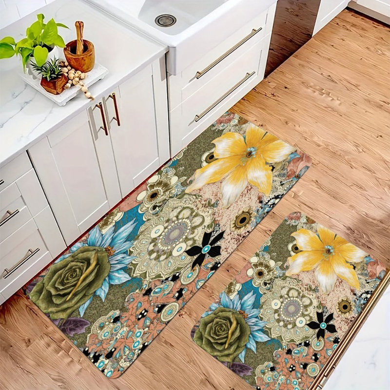 Tapis de cuisine rétro antidérapants à motif floral rétro, 2 pièces, Floral doré