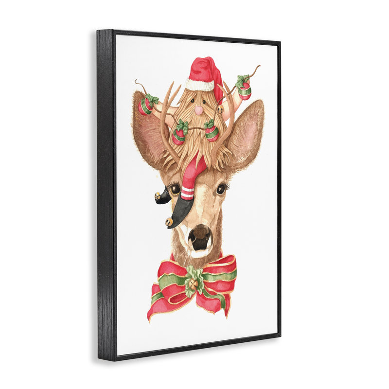 Santa's Elf on Deer Framed Giclee, design by Nancy Overton, 18" H x 12" W, Midnight Black Framed Giclee
