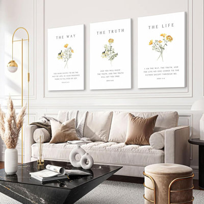 3Pcs Christian Bible Verse Floral Canvas Framed Wall Art Picturesthe Way,The Truth,The Life Posters Prints Minimalist Botanical Painting Scripture Wall Decor For Living Room Bedroom 12X16in