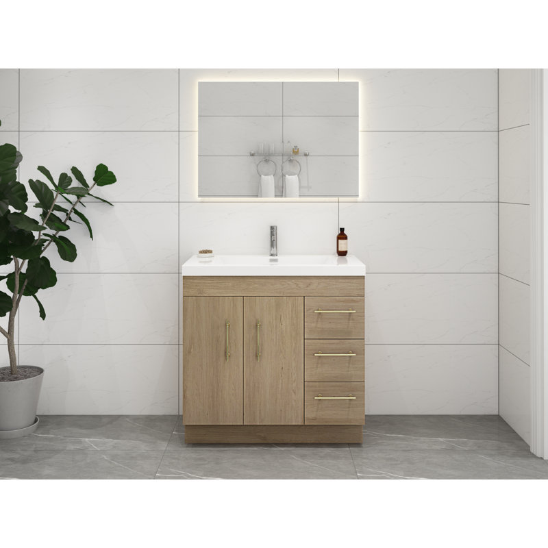 Meuble-lavabo simple 36 po Carliss, Blanc/chêne, Or