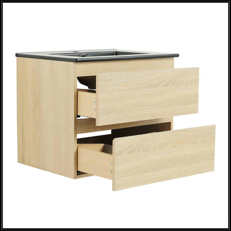 Meuble-lavabo mural 24 po avec lavabo en céramique noire, 24", Chêne clair
