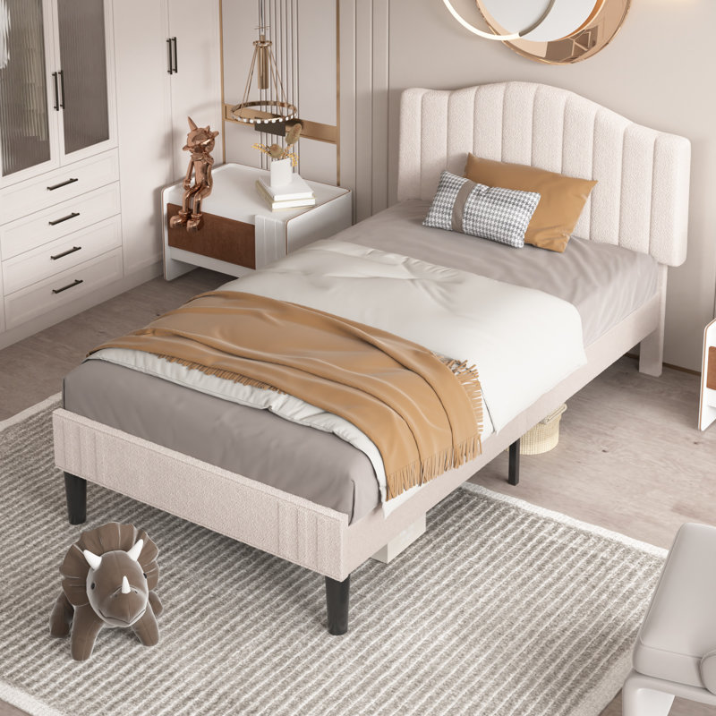Cante Twin Size Set Platform Bed with Adjustable Teddy Fabric Headboard, Beige