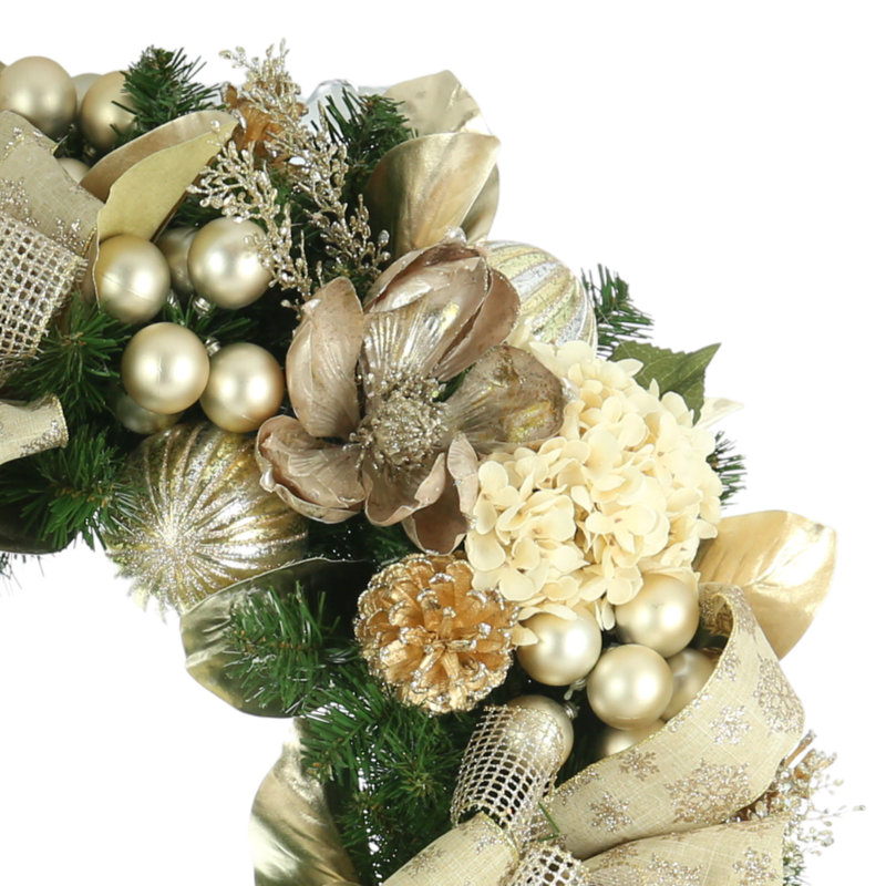Holiday Wreath Decorated With Hydrangea, Magnolias, Ornaments And Ribbon