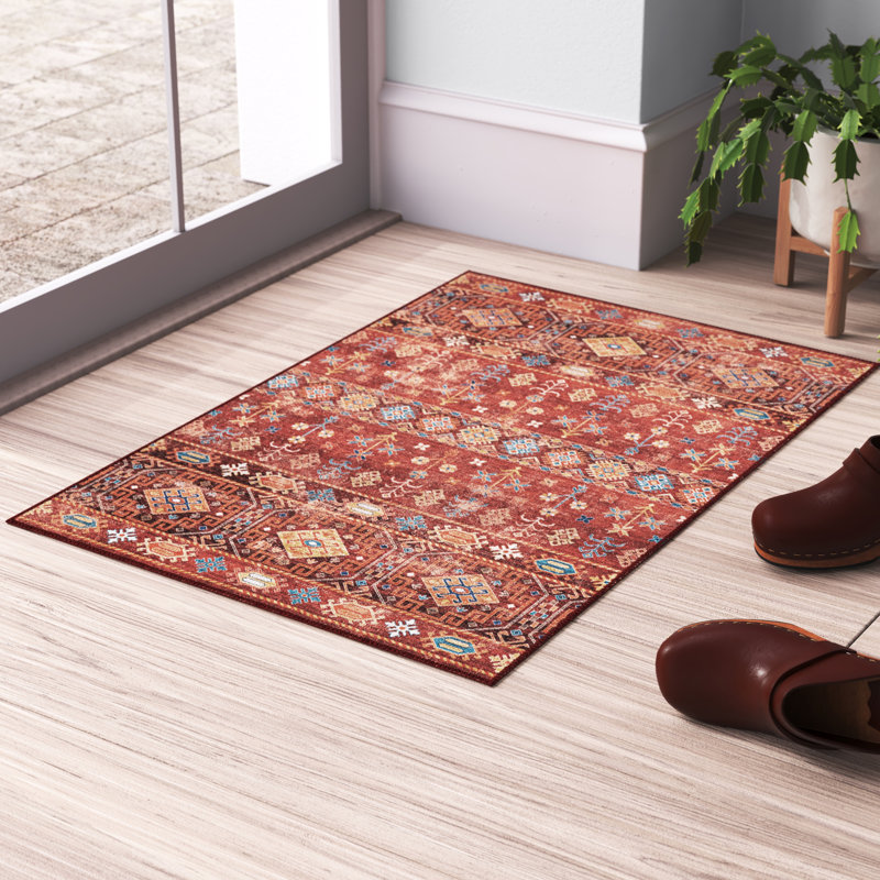 Washable Red and Ivory Machine Woven Area Rug, Rectangle 3' x 5'
