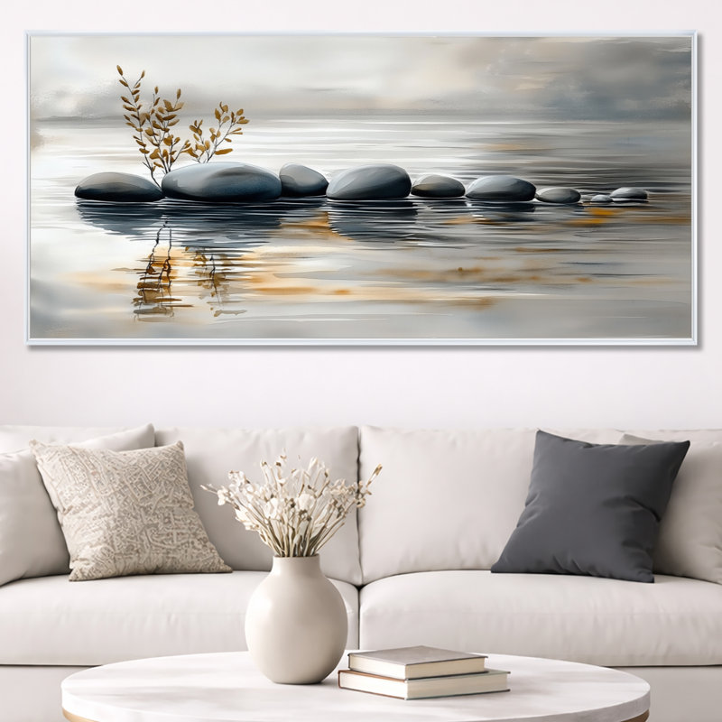 «Gray Orange Stones on Water Surface - Gray Zen», impression sur toile encadrée apaisante, H 28 po x l 60 po