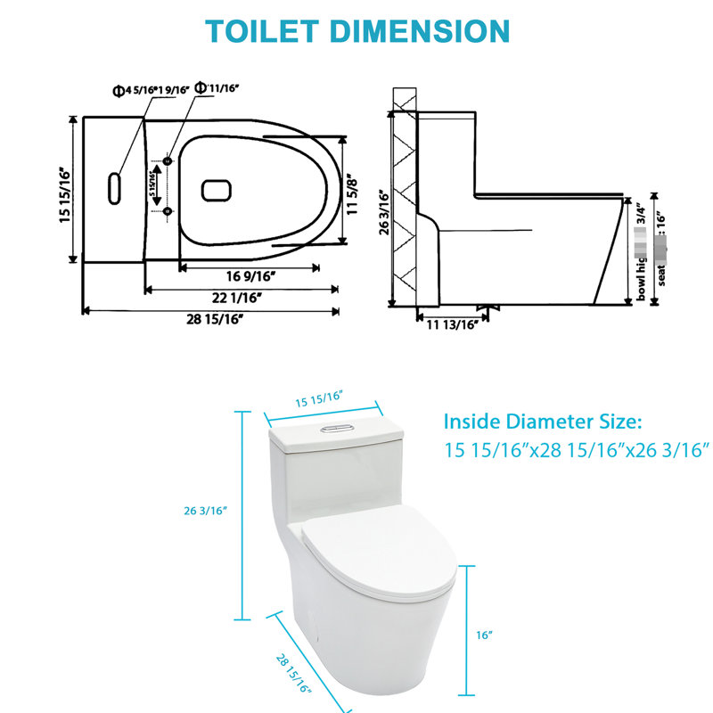 One Piece Ceramic Toilet 12 - Inch Rough In, Dual Flush 1.24/1.43 , Soft Closing Seat, Quiet & Efficient Flush, Skirted For Cleaner Experience With Less Dirt Buildup