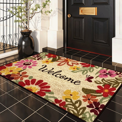  Non-Slip Indoor Outdoor Door Mat, Entrance Doormat, Flower Welcome Pattern, 16"x24"