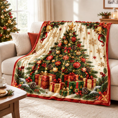 Christmas Tree Fleece Throw Blanket, Cozy Festive Plush Bed Blanket for Sofa Couch Bedroom Living Room Holiday Home Decoration