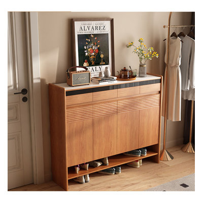 Armoire à chaussures en bois d'ingénierie avec panneau à nervures en bois naturel et surface de présentation à surface plane Unité de rangement mixte multicouche pour l'entrée de la maison
