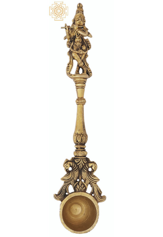 Sculpture cuillère rituelle avec paon Krishna