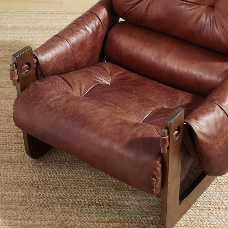 Esmiralda 35.83'' W Tufted Genuine Leather Accent Leisure Lounge Chair, Armchair, Brown