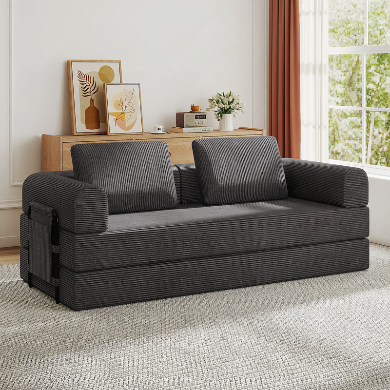 Canapé-lit convertible avec coussin cylindrique - Coussin pliant en velours côtelé pour une utilisation polyvalente dans le salon, la chambre à coucher, le salon et le studio - Gris foncé