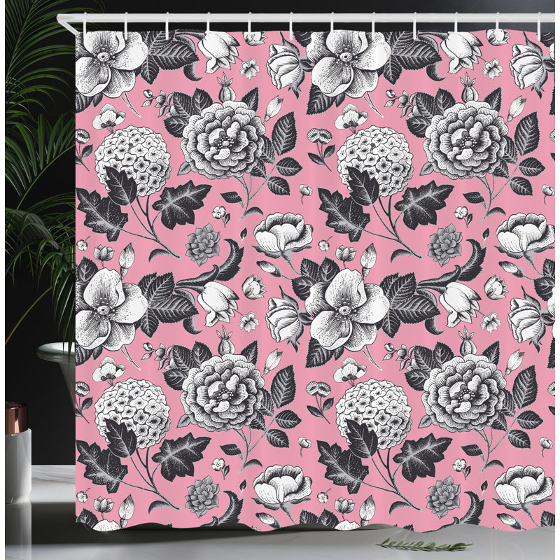 Floral Pink and Black Fabric Shower Curtain with Hooks