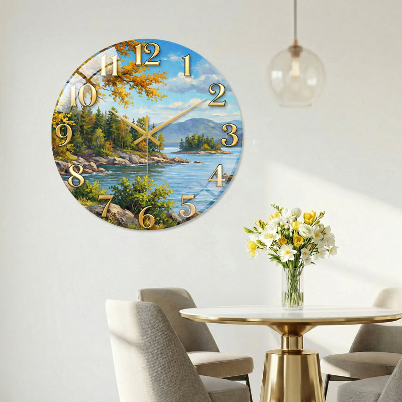 Paysage avec horloge murale moderne en verre, 40 x 40 cm (15,7 x 15,7 pouces)