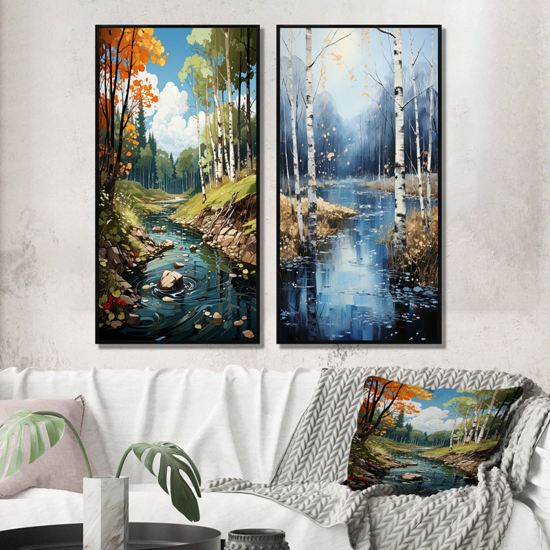 «Birch Woods Serenity Falls», 2 pièces sur toile, Cadre noir, H 20 po x l 24 po