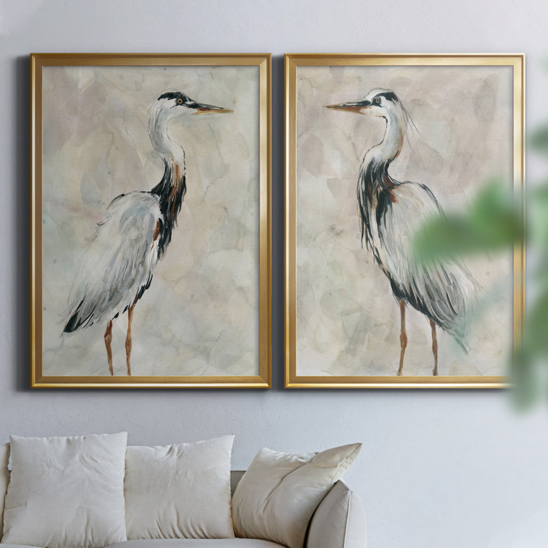 Crane at Dusk I - ensemble de 2 reproductions, Papier avec cadre érable, H 26,5 po x l 73 po, Doré