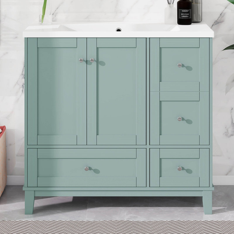 Meuble-lavabo 36 po avec lavabo, meuble-lavabo moderne avec chargement USB, deux portes et trois tiroirs avec rangement
