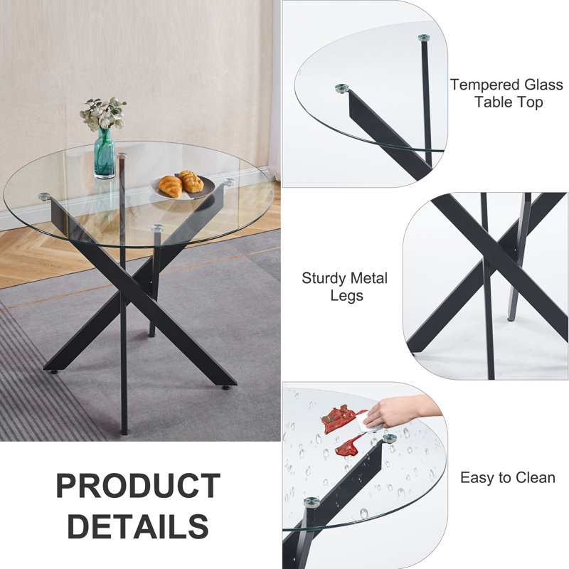 47in Modern Round Glass Pedestal Dining Set, Clear, 5, Gray/Black