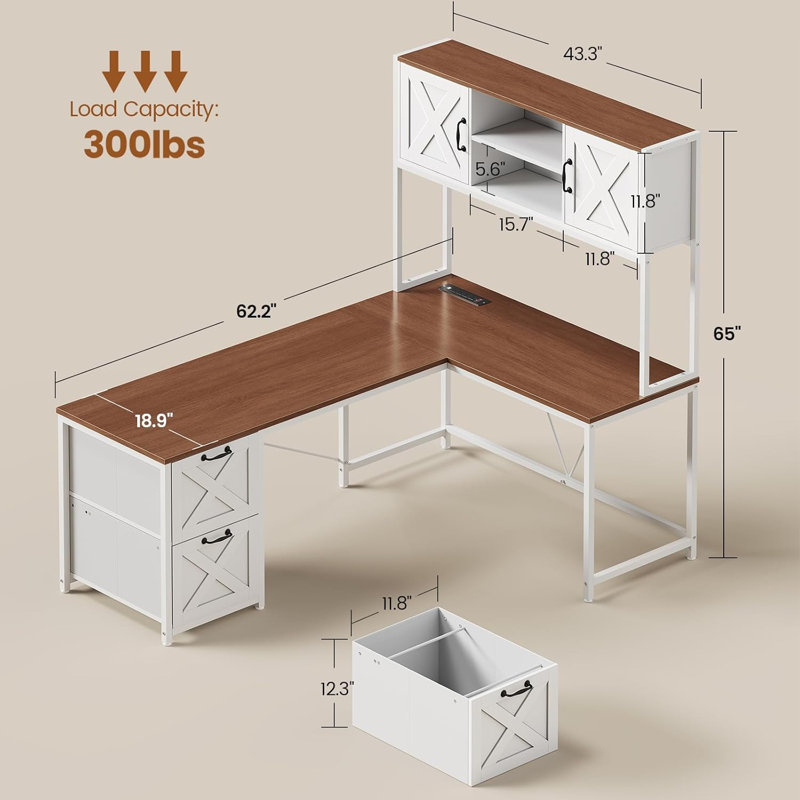 Bureau de jeu en L 62,2 po Farmhouse, Brown/White