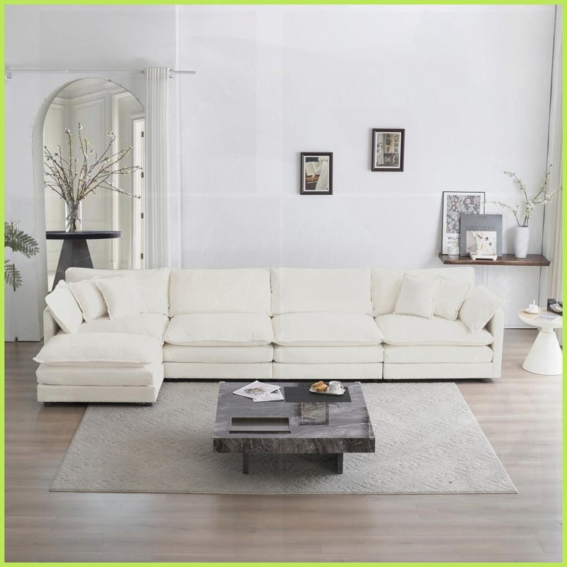 Canapé modulaire en U moderne avec repose-pieds en chenille 5 places Modern White, Blanc