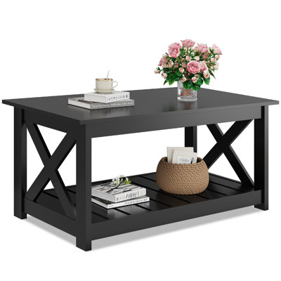 40.1" 2-Tier Wood Coffee Table with X-Shaped Frame & Slatted Storage Shelf, Rustic Center Table for Living Room, Bedroom & Balcony