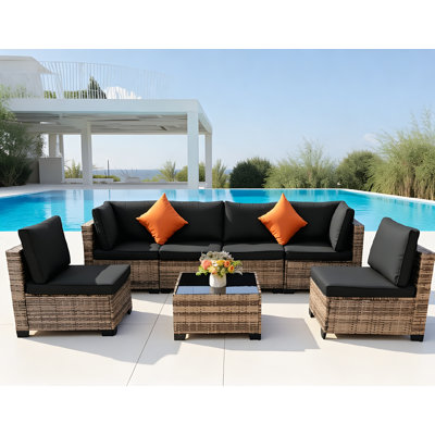 Ensemble de mobilier d'extérieur en osier 7 pièces, canapé modulaire en rotin, ensemble de conversation avec coussin et table basse, pour le porche de la piscine, jaune-noir