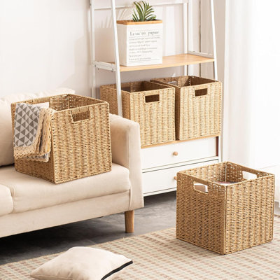 Foldable storage basket with handle, paper rope storage basket, rectangular foldable hand woven storage compartment