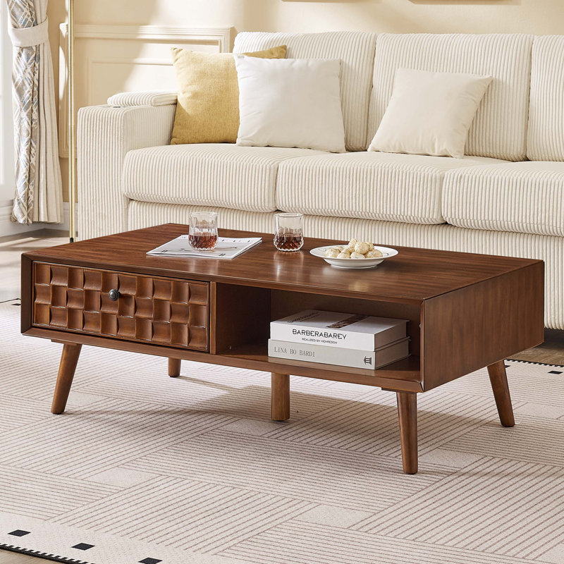Table basse rustique en bois avec tiroir caché et tablette ouverte pour le rangement du salon, Walnut Brown