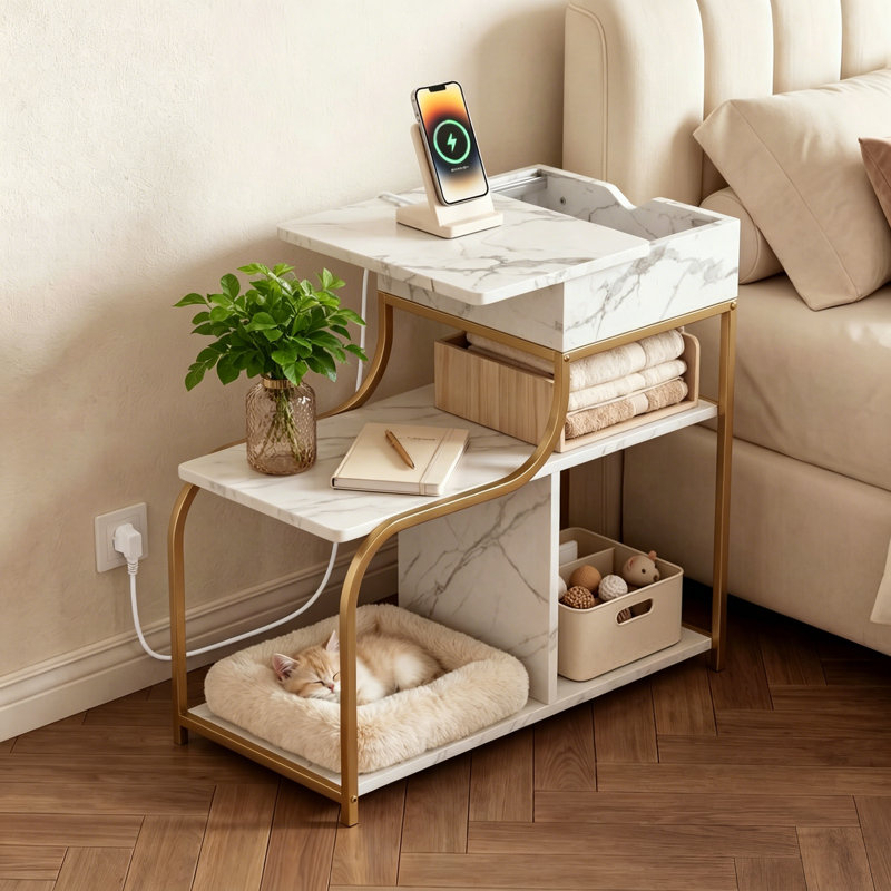 Table de bout de 25,6 po avec espace de rangement et station de charge; 1 port USB et 1 port de type C, 2 prises de courant alternatif; Peut accueillir un chat commun