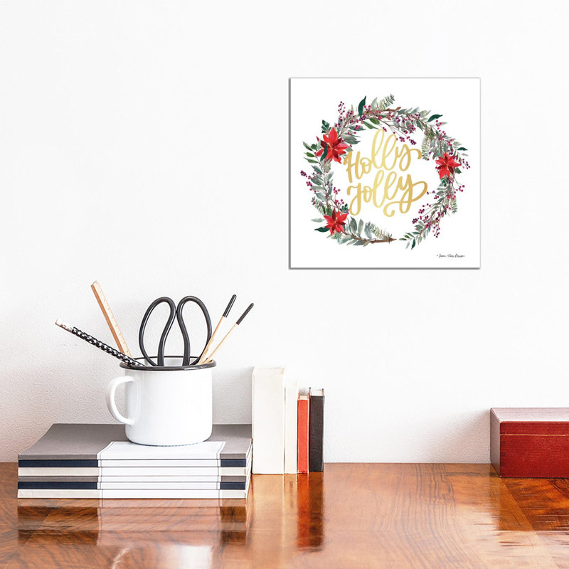 Holly Jolly Poinsettia Wreath 1 Piece Wrapped Canvas Wall Art, 30.48cm H x 30.48cm W x  1.91cm D